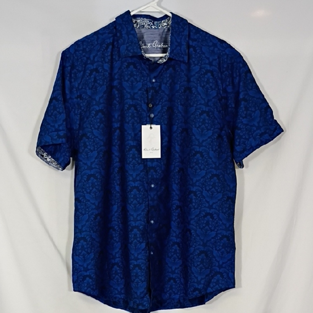 NWT Robert Graham Bayview Short Sleeve Button Down Classic Fit Shirt Navy Sz XL